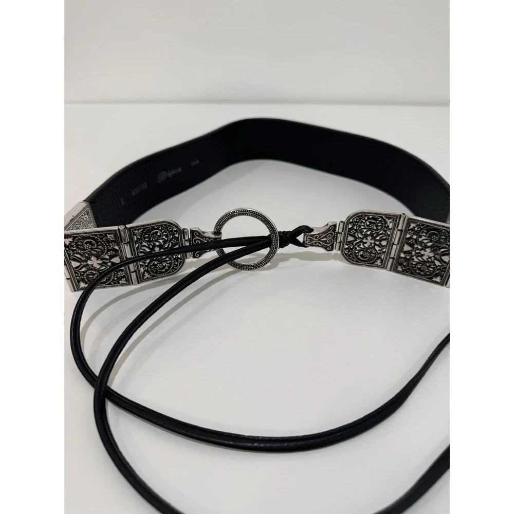BRIGHTON SILVER BLACK LEATHER TIE WAIST BELT SZ LARGE‎
